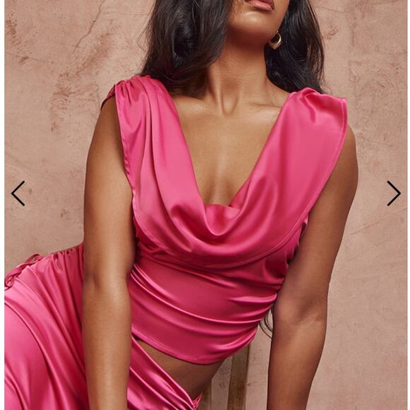 NWT PrettyLittleThing Hot Pink Satin Cowl Neck Ruched Top Size 4 - Picture 1 of 11